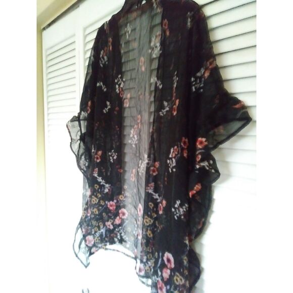Open Front Floral Kimono Lightweight Flowy Oversized Trendy Black Top Blouse L - Picture 1 of 16